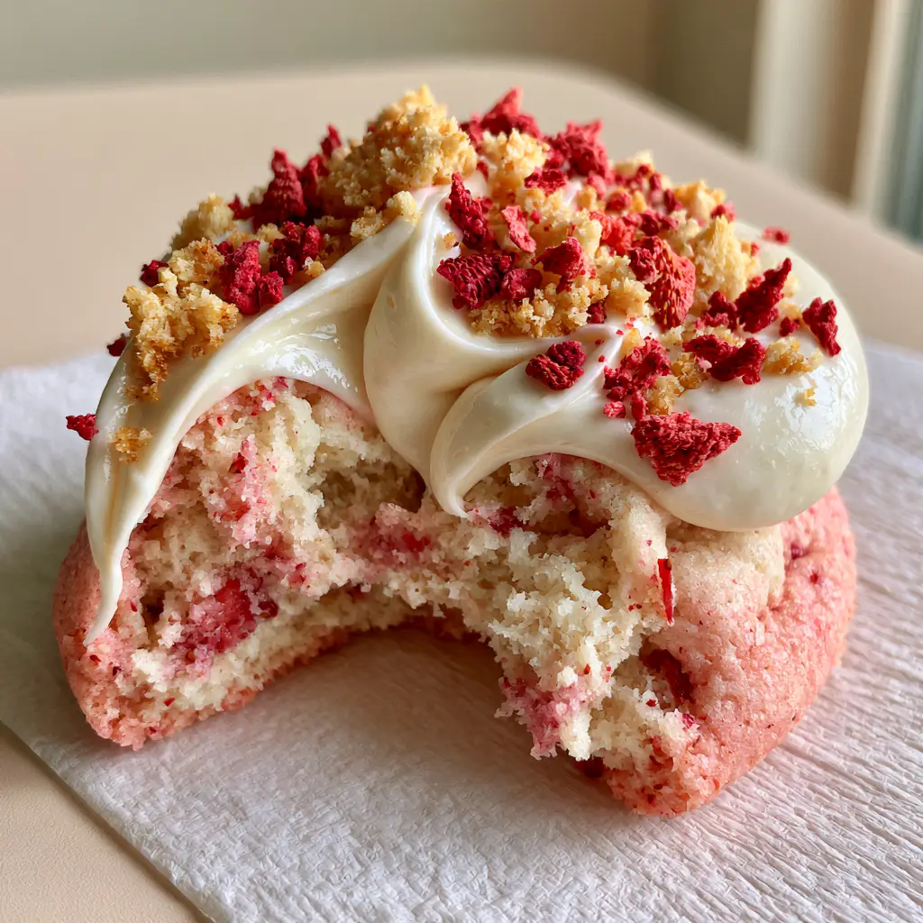 Top down view of Strawberry Shortcake Cookies garnished with red strawberry pieces and golden crumbles.
