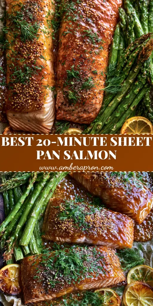 A top-down view of three baked dijon salmon fillets on parchment paper with charred asparagus and lemon rounds.