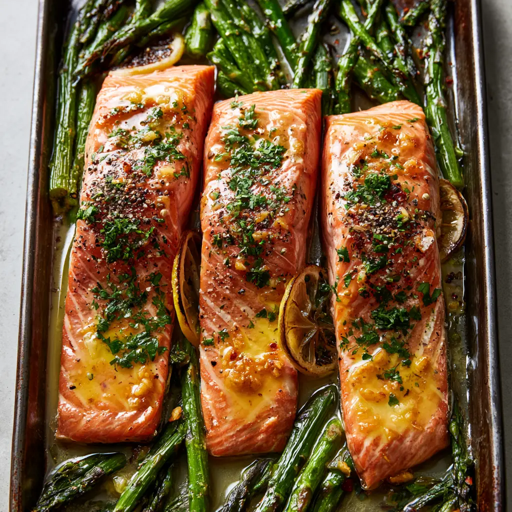 Detailed shot of moist separated flakes in Baked salmon glazed with shimmering butter and sautéed garlic bits.