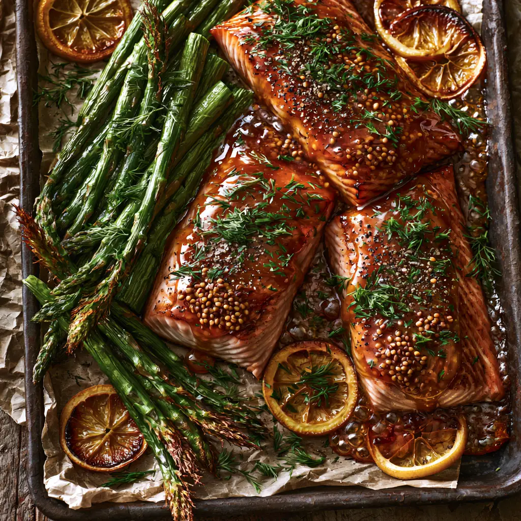 Close up of caramelized lemon rounds and whole grain mustard seeds on baked dijon salmon.