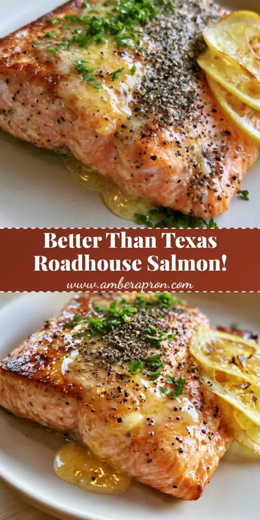 A close-up of Texas Roadhouse style baked salmon with a golden crust and lemon pepper butter glaze on a white plate.