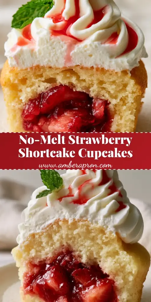 A tall gourmet Strawberry Shortcake cupcake with stiff whipped cream peaks and a glossy red strawberry syrup drizzle, garnished with fresh mint.