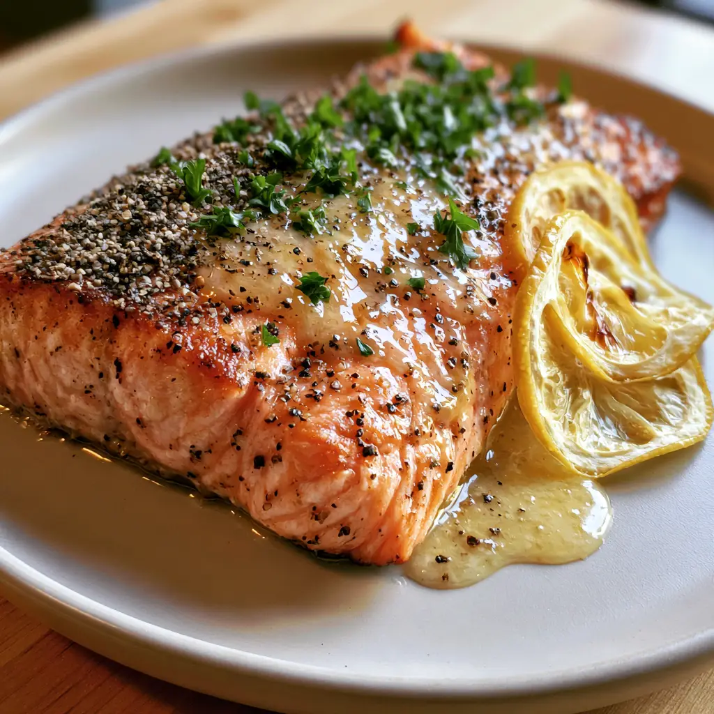 Top-down view of glazed salmon with paper-thin charred lemon slices and cracked black pepper. (Texas Roadhouse style baked salmon)
