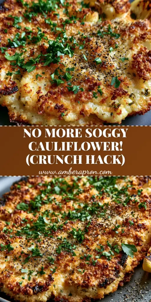 A vertical shot of a thick-cut Baked Cauliflower Steak with a golden parmesan crust and charred edges on a charcoal plate.