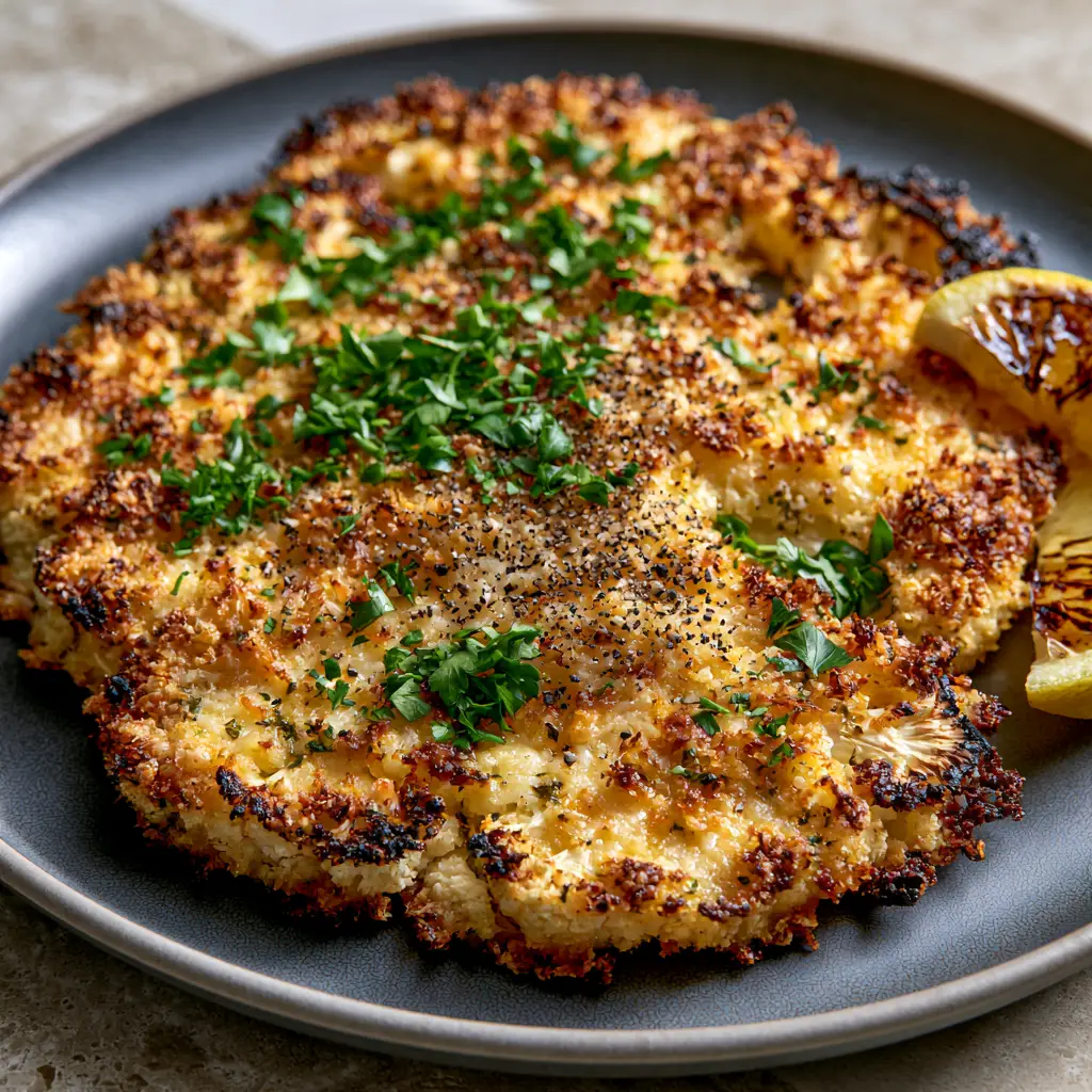 Baked Cauliflower Steaks featuring a scorched lemon wedge and charred caramelized edges on a matte plate.