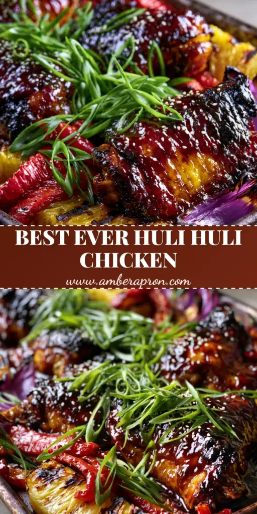 A rustic dark metal sheet pan filled with Huli Huli Chicken thighs, charred pineapple wedges, and purple onion petals. (Huli Huli Chicken)