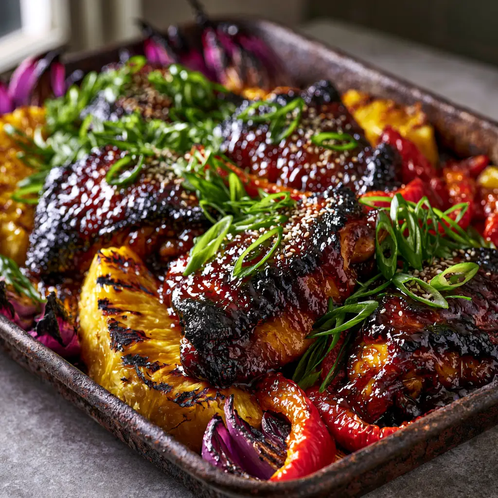 Close up of charred pineapple wedges and red bell pepper strips on a dark baking sheet with Huli Huli Chicken.