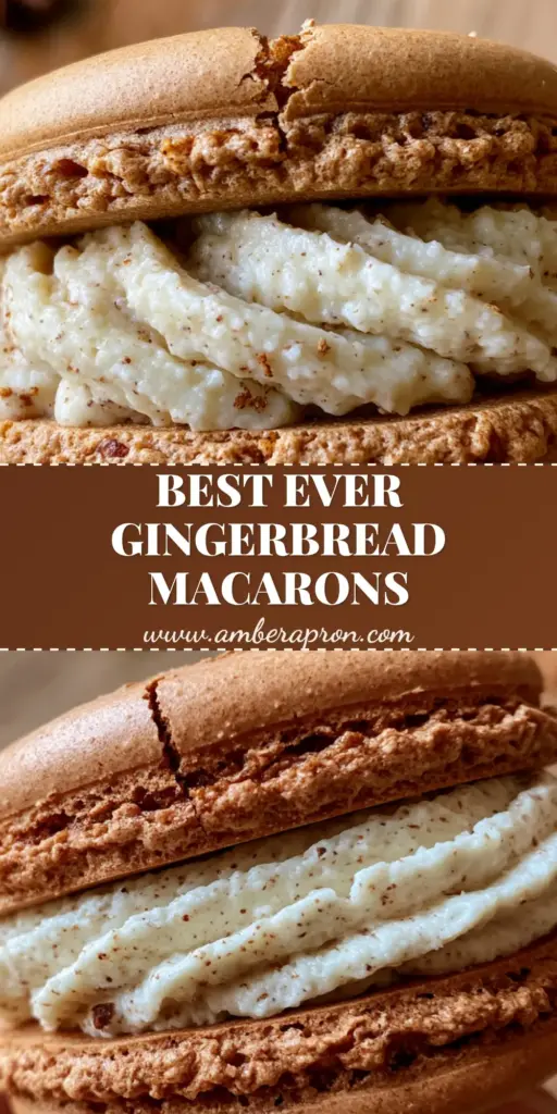 A stack of festive gingerbread macarons with tall ruffled feet and a dusting of cinnamon, garnished with star anise on a wooden surface.