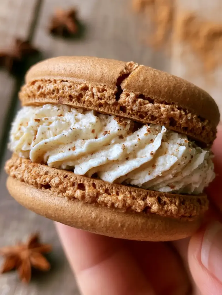 Close-up cross-section of a handheld gingerbread macaron showing a chewy moist interior and thick spiced buttercream with nutmeg flecks.
