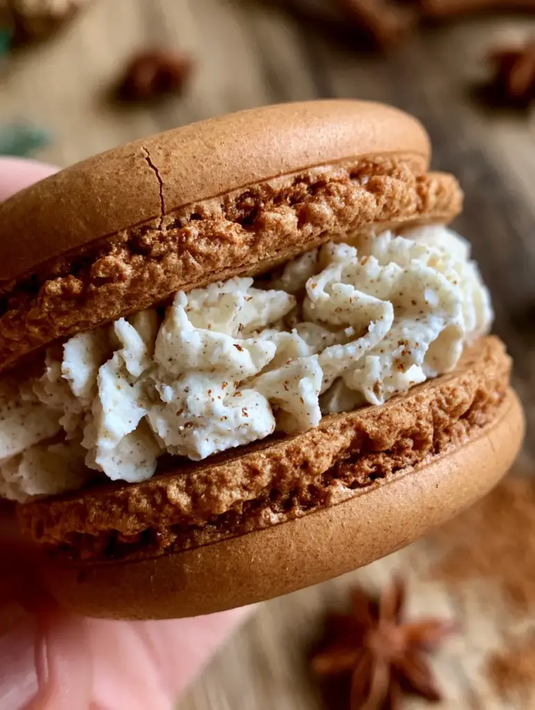 Top view of cinnamon-tinted gingerbread macarons with smooth matte tops and tall ruffled feet.