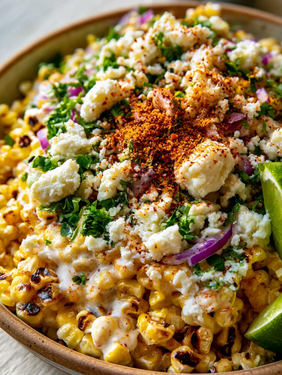 Close-up hero shot of Mexican Street Corn Salad showing charred kernels, thick white dressing, and chunky cotija cheese crumbles.