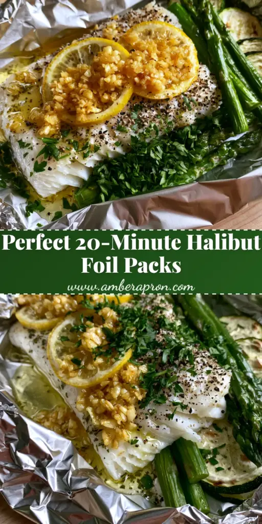 A top-down photo of grilled halibut foil packs showing flaky white fish, lemon rounds, asparagus, and charred zucchini in crinkled silver foil.