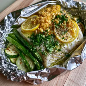 Close up of a thick snow-white halibut fillet inside a silver foil packet topped with golden garlic and herbs. (grilled halibut foil packs)