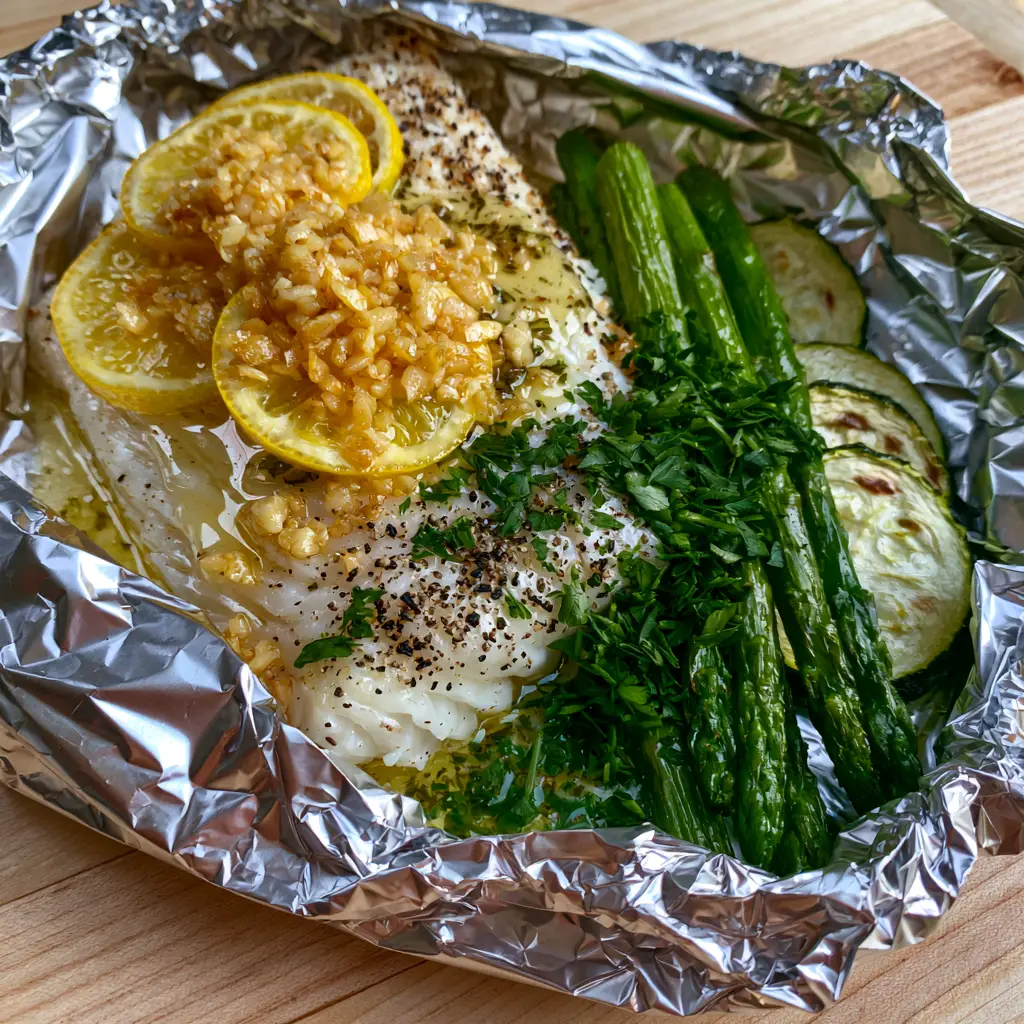 Handheld smartphone photo of grilled halibut foil packs featuring charred zucchini rounds and snap-tender asparagus.