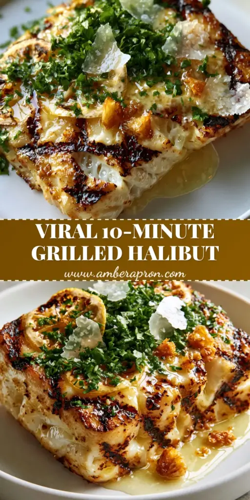 A tall Pinterest pin showing a thick succulent grilled halibut steak with deep charred grill marks and garlic butter. (grilled halibut recipe)