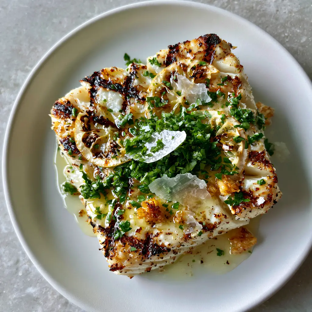 Thick grilled halibut steak on a white plate garnished with charred lemon wheels and fresh parsley.