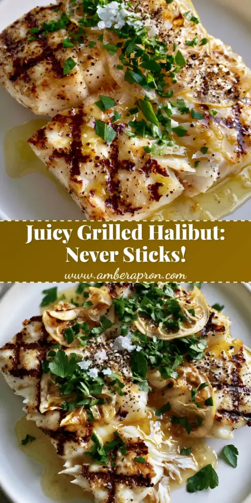 A vertical shot of Grilled Halibut fillets with dark cross-hatch marks and lemon garlic butter, perfect for Pinterest.