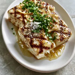 Close-up macro shot of two Grilled Halibut fillets on a white plate with lemon garlic butter and charred lemons.