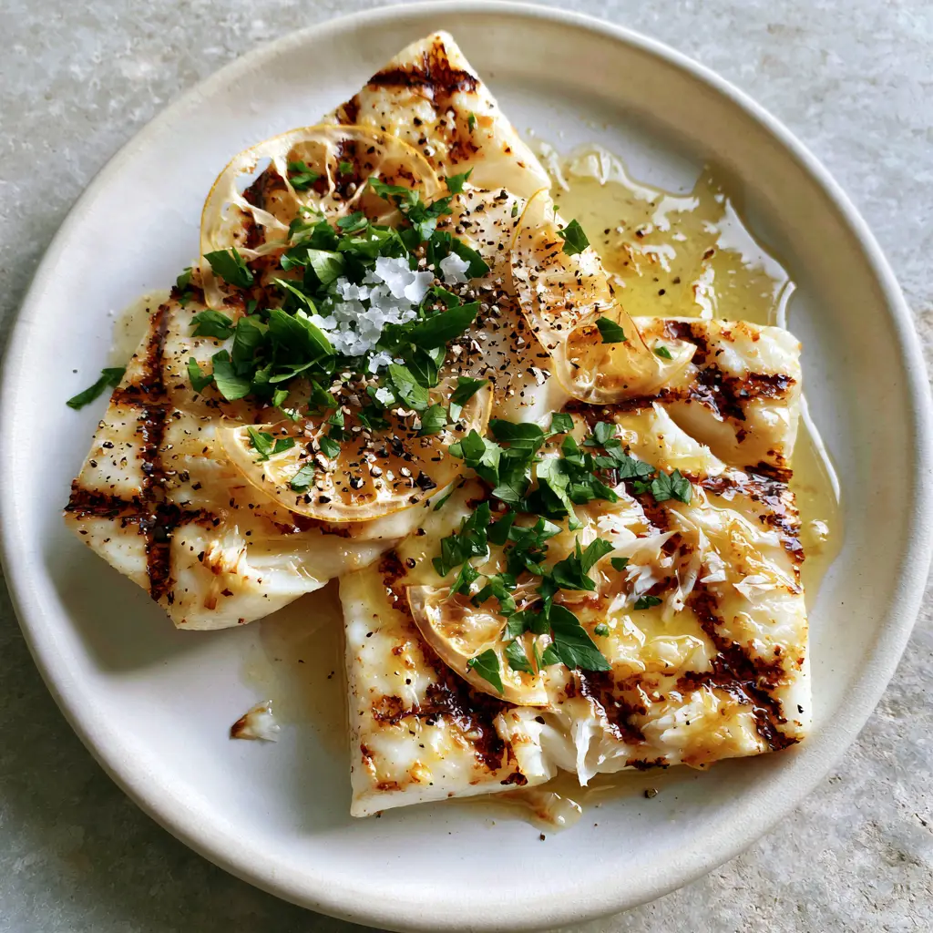 Grilled halibut fillets served on a grey stone surface with fresh parsley and flaky sea salt.