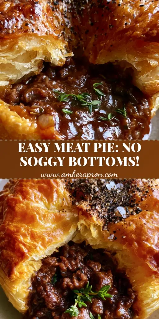 A close-up vertical shot of a Meat Pie with a flaky golden crust, seasoned with black pepper and sea salt, perfect for Pinterest.