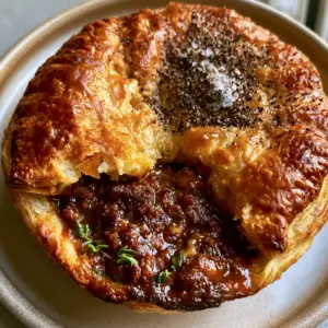 Top-down view of an individual puff pastry Meat Pie showing shattered flaky layers and a deep mahogany gravy filling.