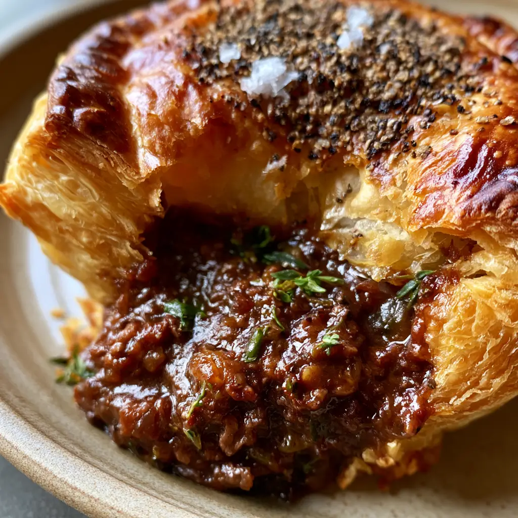 A steaming Meat Pie broken open to reveal thick savory gravy and minced beef with fresh thyme.