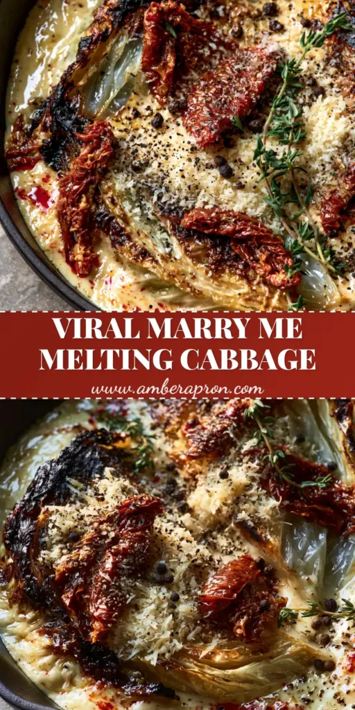 Marry Me Melting Cabbage with Garlic Parmesan Cream Sauce 4 A high-angle photo of Marry Me Melting Cabbage wedges in a cast iron skillet, covered in a creamy garlic parmesan sauce with sun-dried tomatoes and thyme.