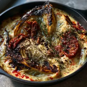 Close-up of charred Marry Me Melting Cabbage wedges in a thick, glossy garlic parmesan sauce with red pepper flakes.