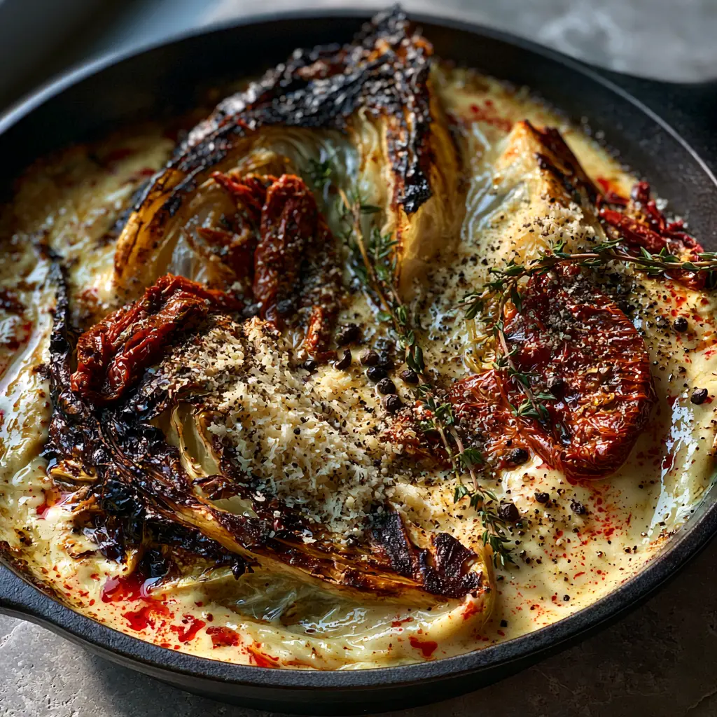 Marry Me Melting Cabbage with Garlic Parmesan Cream Sauce 2 Close-up of charred Marry Me Melting Cabbage wedges in a thick, glossy garlic parmesan sauce with red pepper flakes.