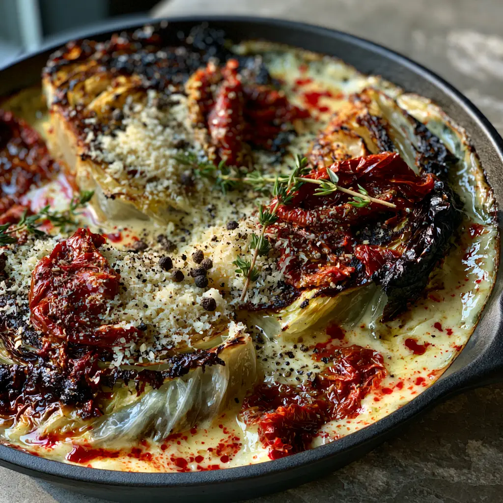 Marry Me Melting Cabbage with Garlic Parmesan Cream Sauce 1 A smartphone photo of the finished Marry Me Melting Cabbage with fresh thyme and cracked black pepper.