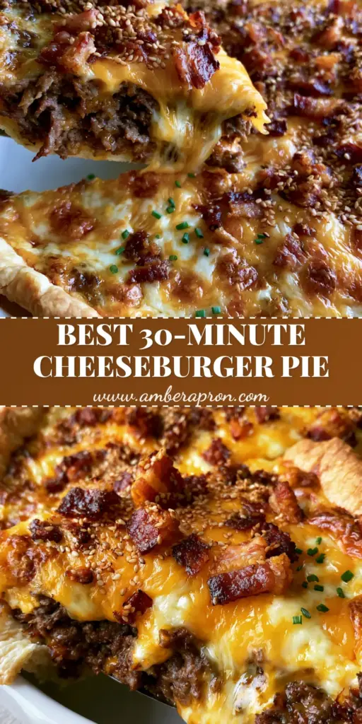 A close-up of a Bacon Cheeseburger Pie with a flaky golden-brown crust, molten cheddar cheese, and sesame seeds. (cheeseburger pie)
