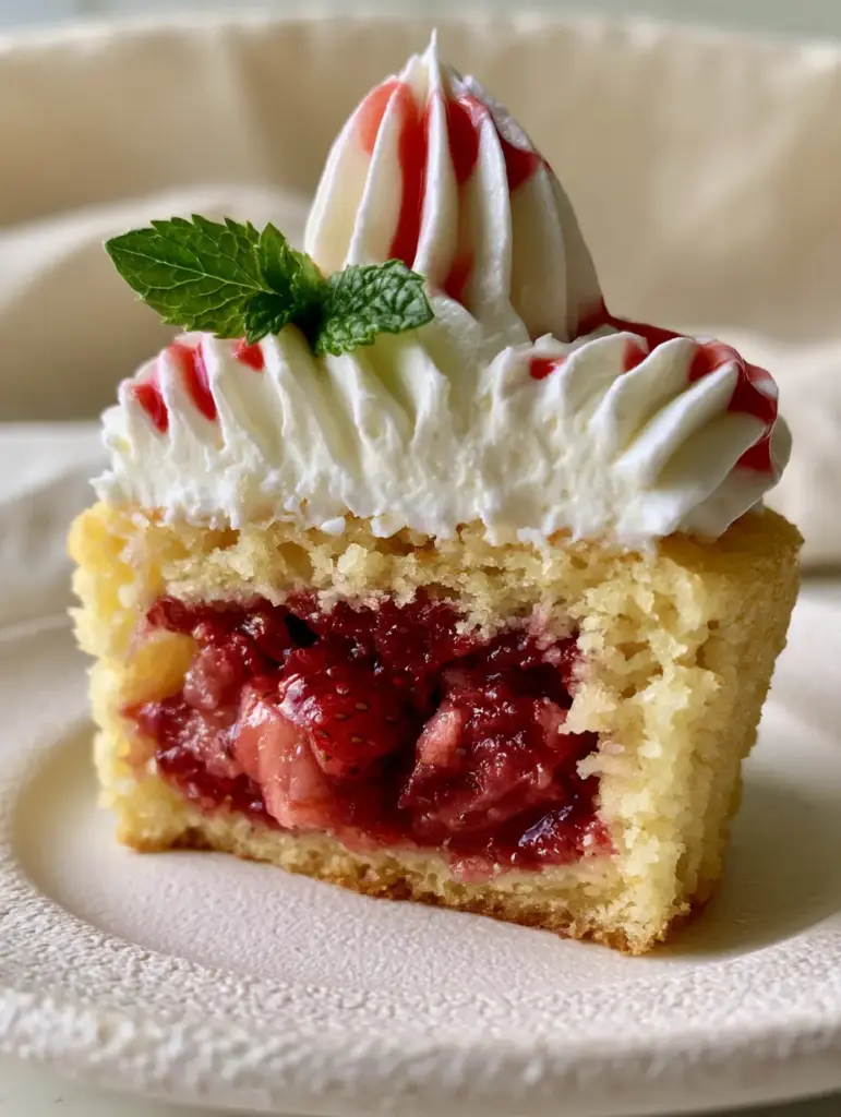 Macro eye-level shot of a single Strawberry Shortcake cupcake cut in half showing the moist golden-yellow sponge and thick ruby-red strawberry compote filling.