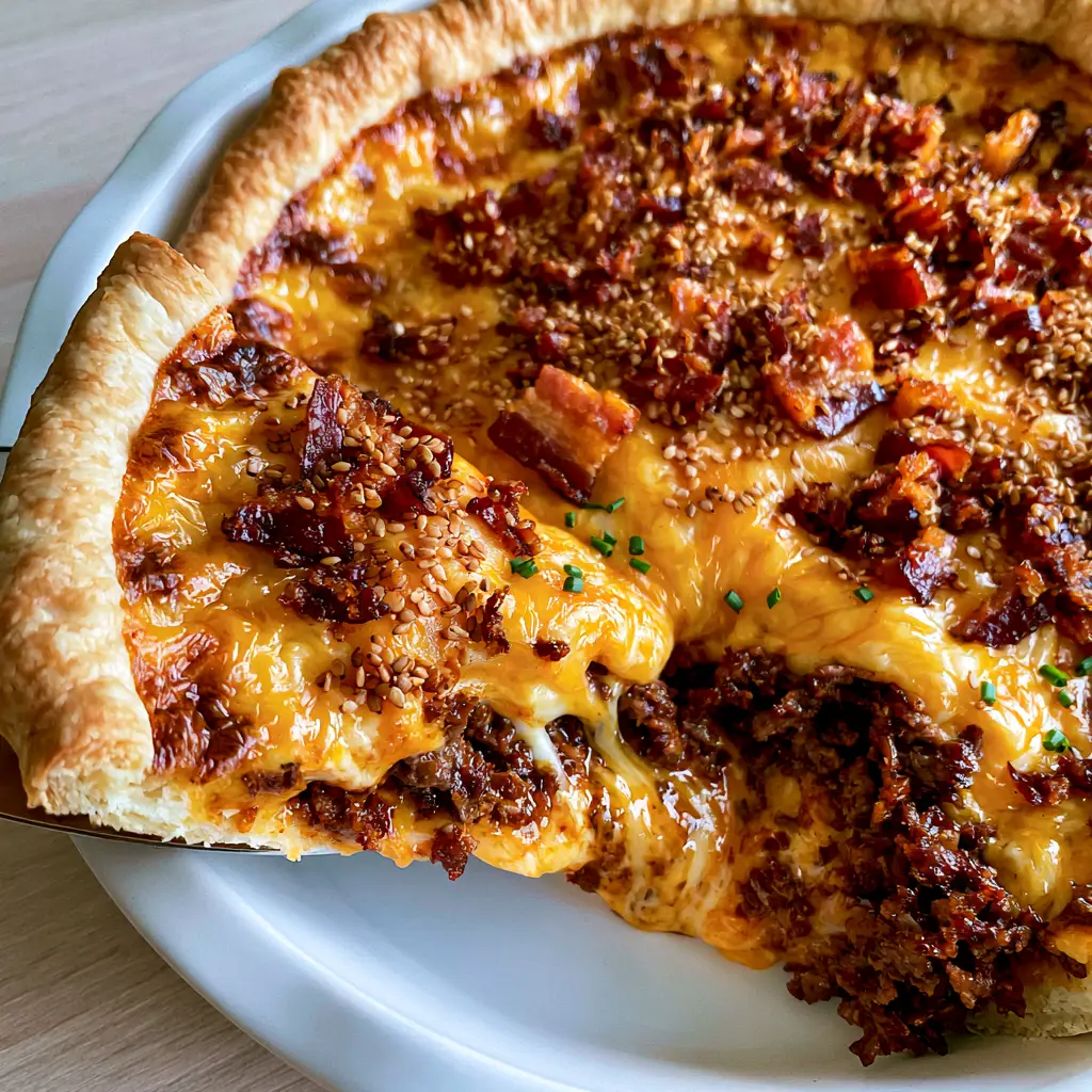 A slice of cheeseburger pie being lifted to show the gooey cheese pull and seasoned meat filling.