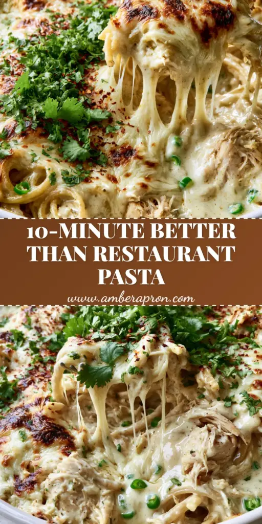 A deep white ceramic baking dish filled with Monterey Chicken Spaghetti featuring a bubbly golden-brown cheese crust, long cheese pulls, and fresh cilantro garnish.