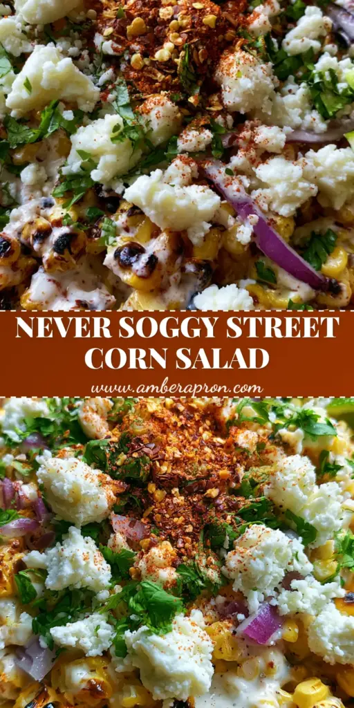A tall Pinterest pin of Mexican Street Corn Salad in a ceramic bowl with charred corn, cotija cheese, and tajin seasoning.