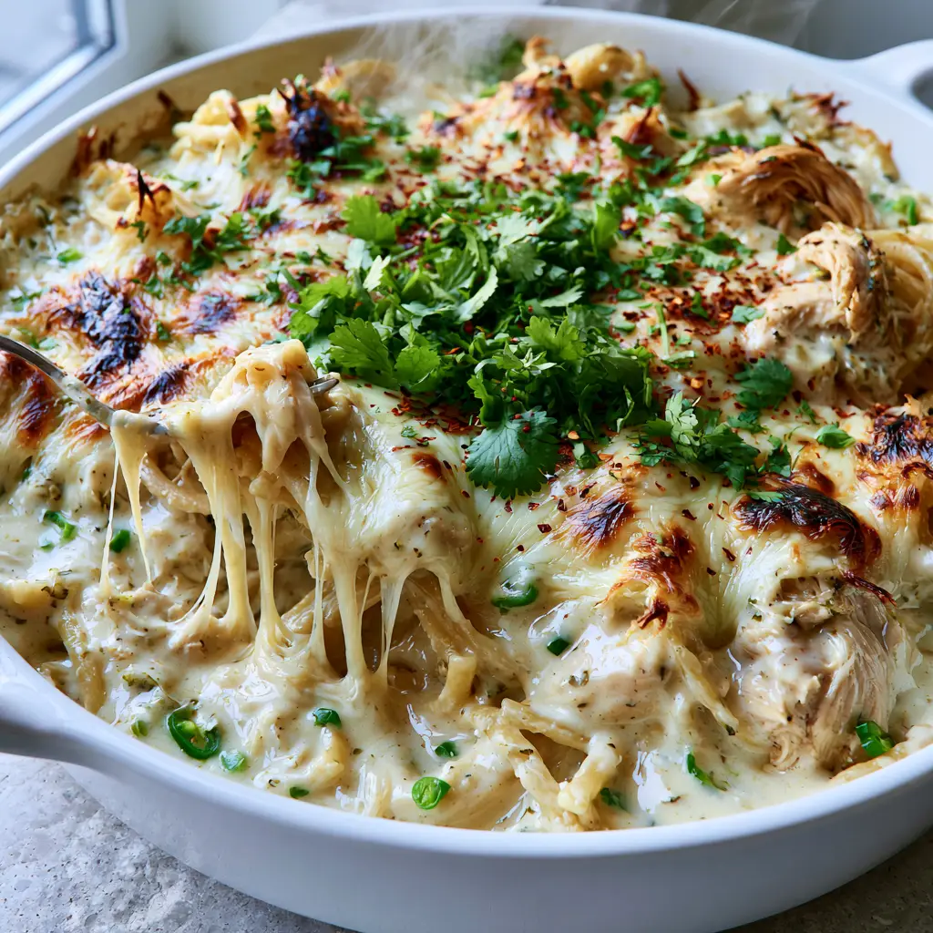 Overhead view of Monterey Chicken Spaghetti with charred golden-brown Monterey Jack cheese patches and rising steam.