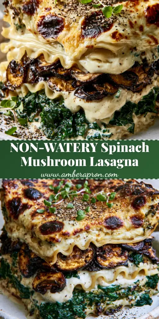 A thick, structurally perfect slice of Spinach and Mushroom Lasagna with wavy noodles, creamy bechamel, and seared mushrooms on a rustic plate.