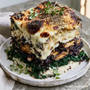 Close up of Spinach and Mushroom Lasagna showing the golden-brown cremini mushrooms and vibrant forest-green spinach layers.