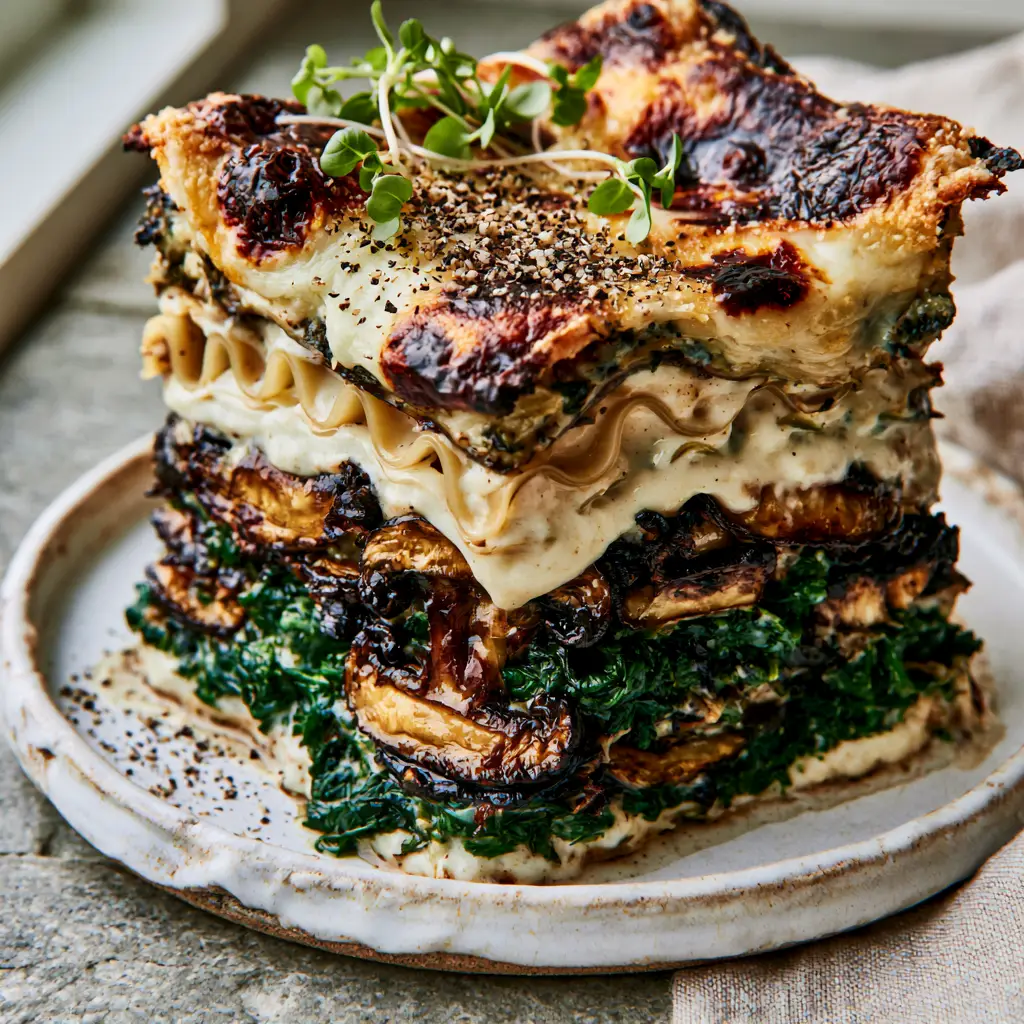 Top view of the Spinach and Mushroom Lasagna featuring a heavy toasted parmesan crust and bubbly mozzarella spots.