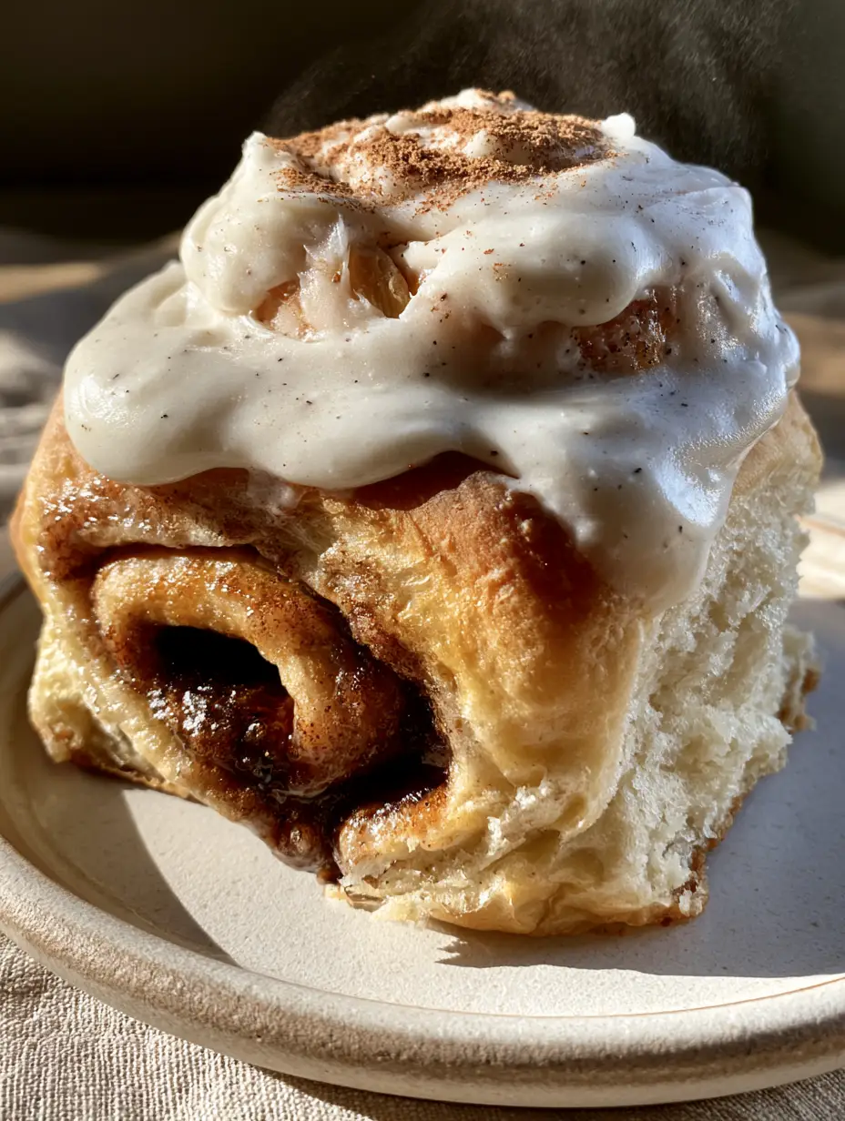Smartphone photo of a massive, pull-apart cinnamon roll with visible air pockets and vanilla bean icing (cinnamon roll recipe).