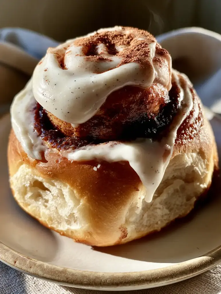 A rustic plate holding a golden cinnamon roll with thick white frosting and a light dusting of cinnamon powder.