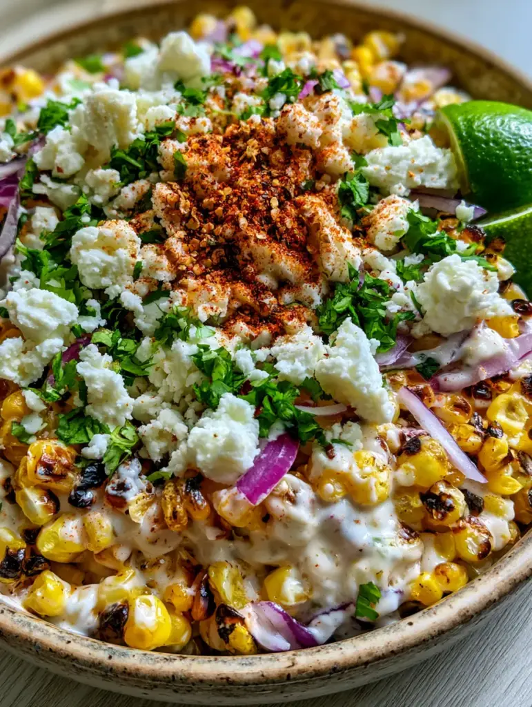 High-angle view of Mexican Street Corn Salad topped with tajin, cilantro, and purple red onions in a rustic bowl.