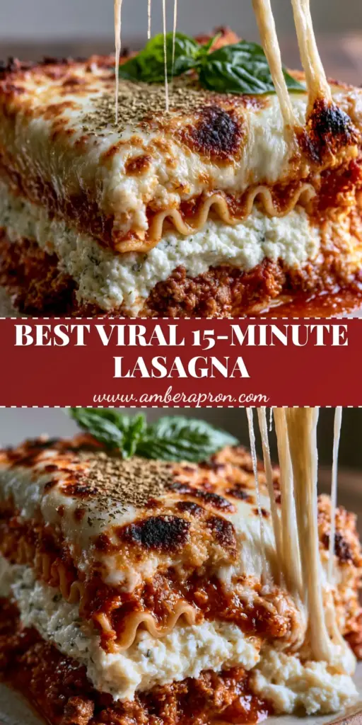 A close-up shot of a thick square slice of homemade lasagna with melted mozzarella and a vibrant basil garnish.