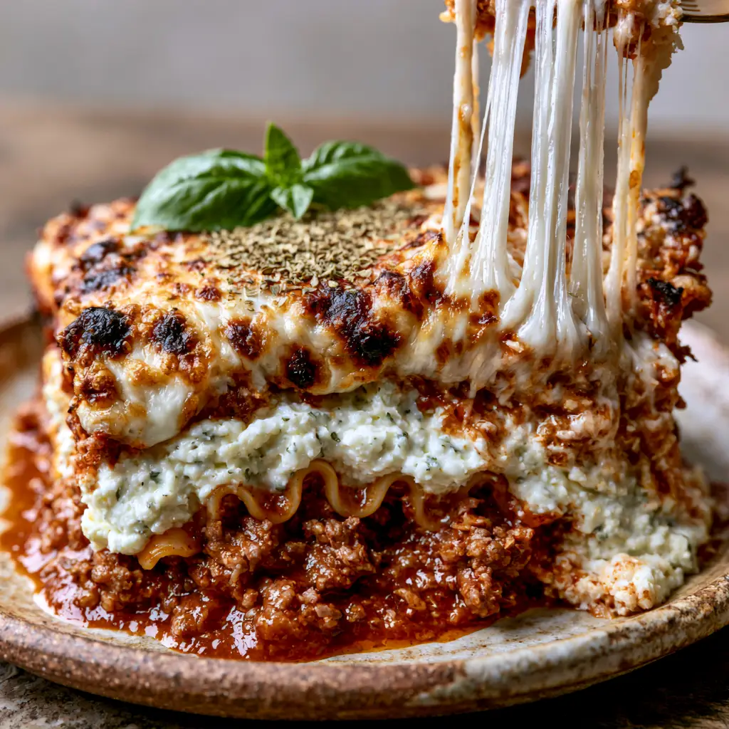 A fork lifting a piece of lasagna creating long glistening strings of melted cheese.