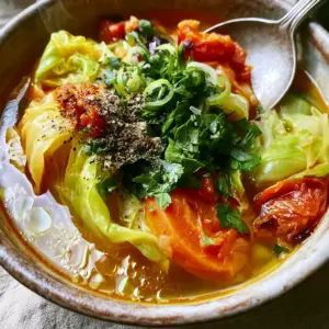 High-angle shot of golden cabbage soup in a stoneware bowl showing oil droplets and black pepper. (cabbage soup diet plan)