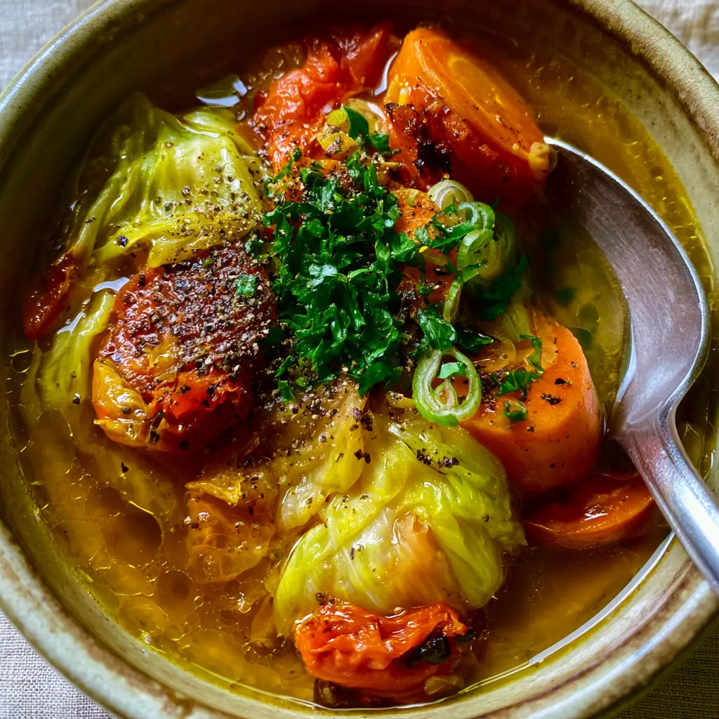 Close-up of a silver spoon lifting tender cabbage and fire-roasted tomatoes from a rustic bowl.