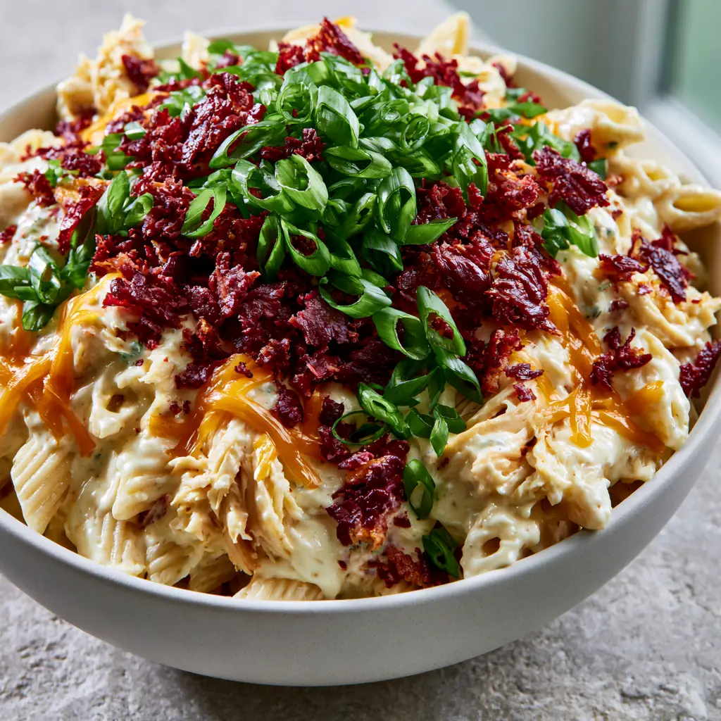 45-degree angle shot of Crack Chicken and Noodles topped with craggy red bacon bits and bright green scallions.