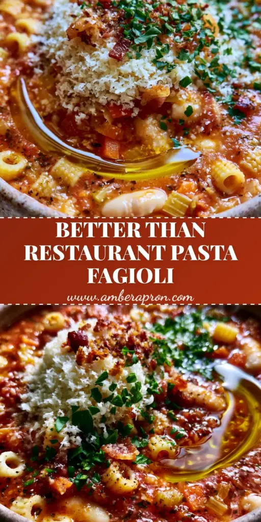 A close-up vertical shot of Pasta fagioli soup in a rustic bowl with ditalini pasta, cannellini beans, and a mountain of parmesan cheese.