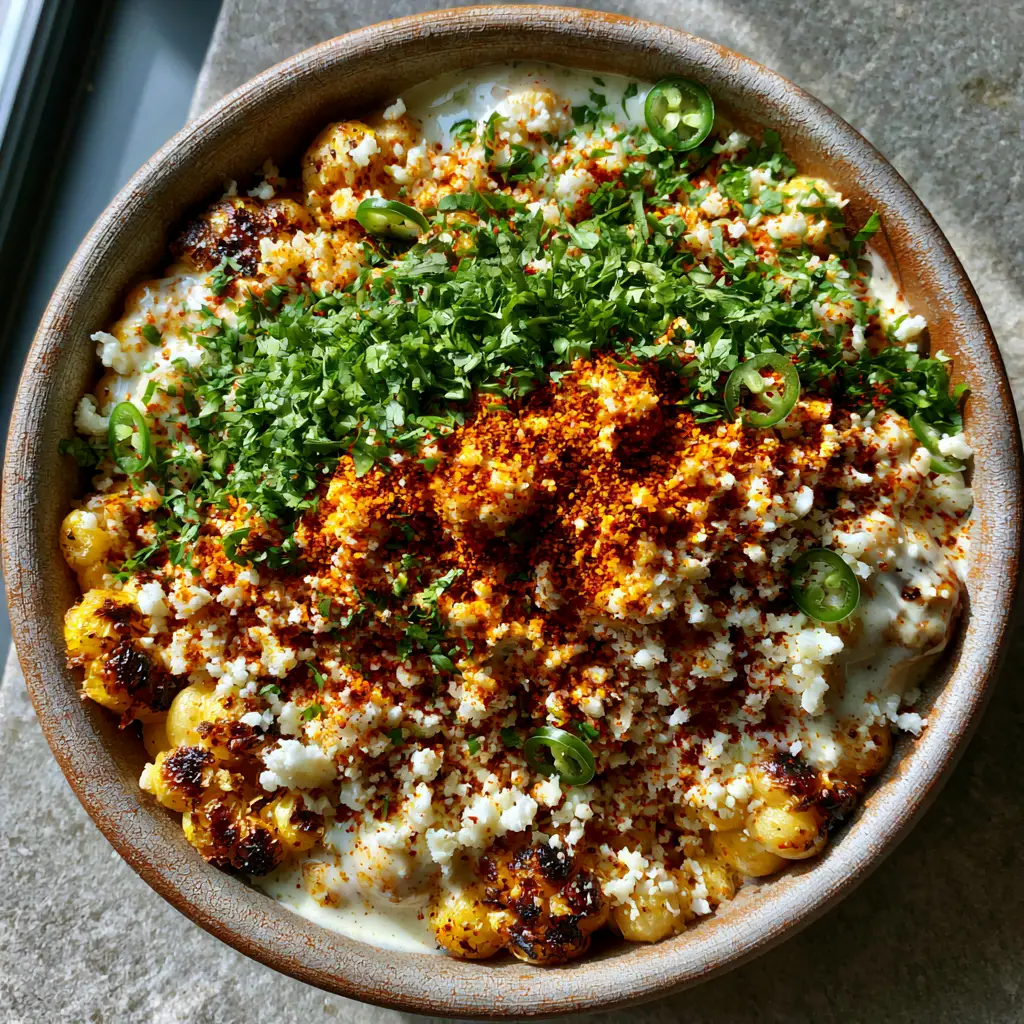 Finished Esquites bowl with snowy cotija cheese, Tajin, and fresh green cilantro garnish.