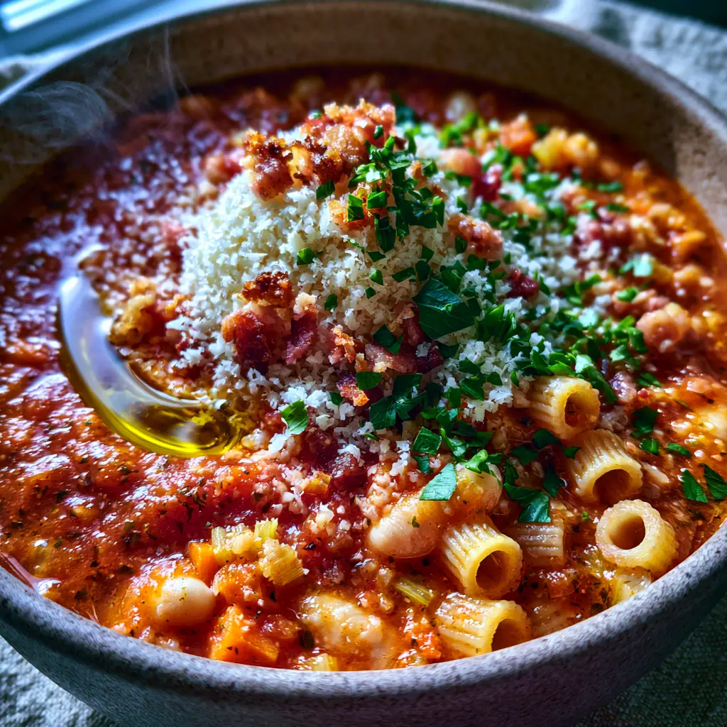 Macro photo of Pasta fagioli soup showing rich tomato broth, browned pancetta crumbles, and fresh parsley garnish.